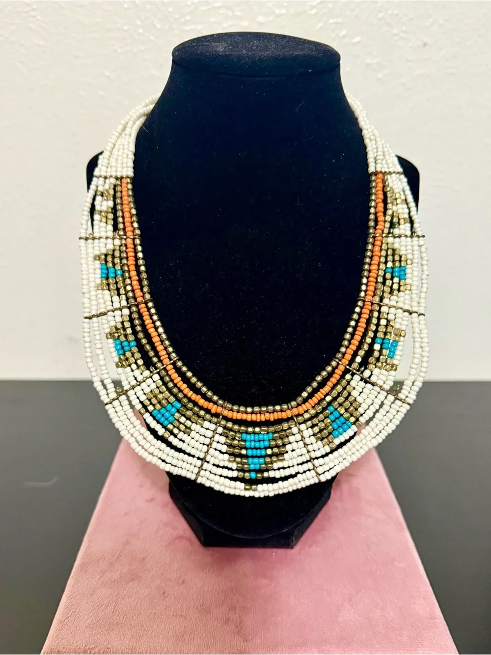 Beautiful Handmade Beaded Statement Necklace in White, Turquoise & Gold